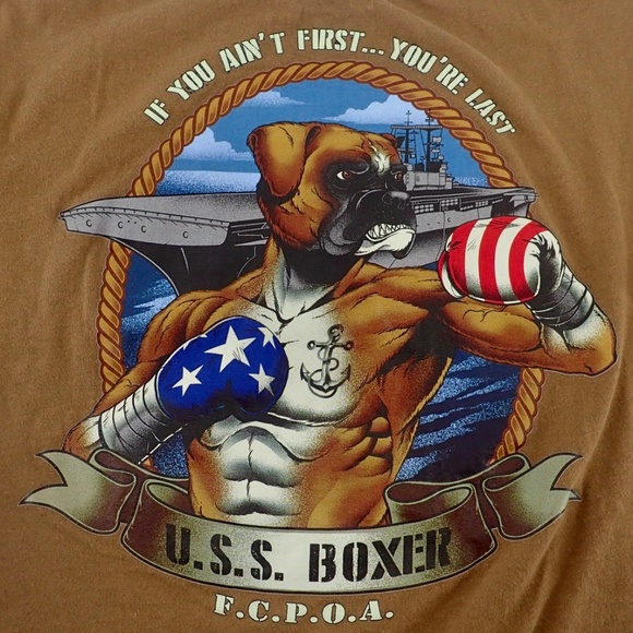 USS Boxer LHD-4 FCPOA Brown T-shirt Size Small "If You Ain't First, Your'e Last" - Picture 1 of 3